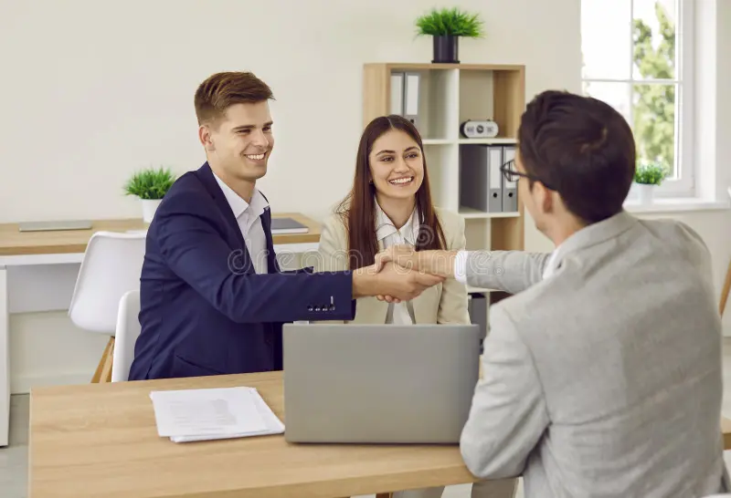 happy family couple buy house sign contract agreement shake hands their realtor happy family couple meeting 400431290